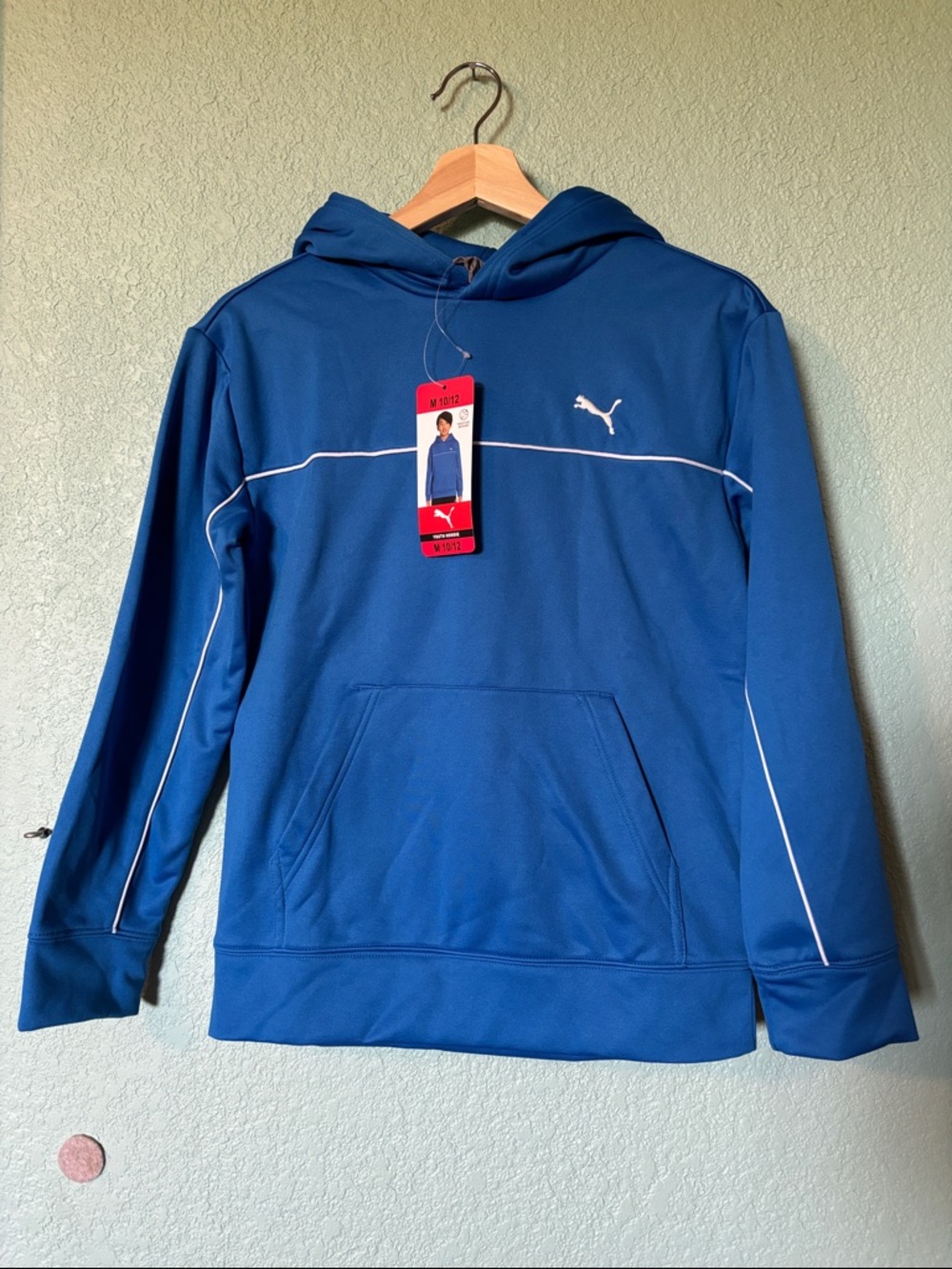 🆕 Puma Youth Blue Fleece Hoodie with White Logo, M 10/12 - NWT